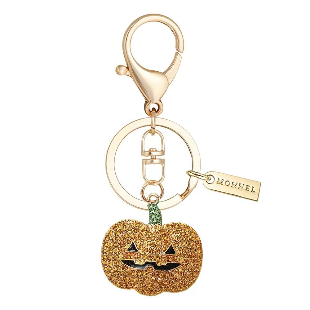 MONNEL Women's Zinc Alloy Metal Crystal Halloween Pumpkin Charm Pendant Lobster Clasp Key Ring Keychain ZM102 (Orange)