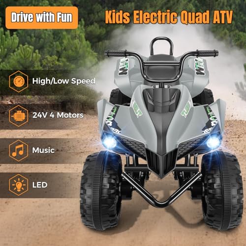 Image of Hikole XL 24V ATV, 4 Wheelers for Kids Ages 6-14, 2 Seater, Gray | Iron Frame, 4X100 Power Motor, 24'' Spacious Seat, Spring Suspension, Music & LED Lights