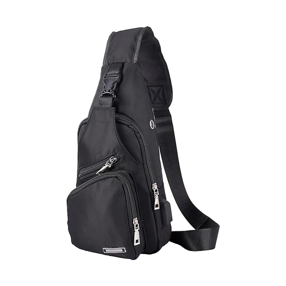 JUMO CYLY Mens Sling Bag, Leather Sling Bag with USB Charging Port Waterproof Casual Daypack Chest Crossbody Bag