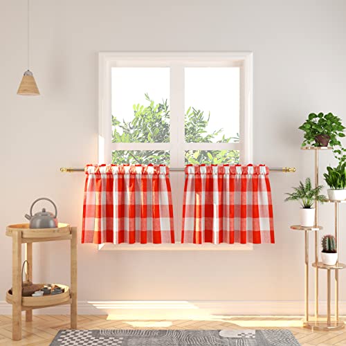 NATUS WEAVER Window Valances 16 inch Length 2 Panels Buffalo Plaid Gingham Rod Pocket Short Small Tier Curtains Kitchen Cafe Curtain Bathroom Curtains Red & White