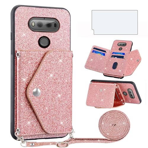 Asuwish Phone Case for LG V20 Wallet Cover with Tempered Glass Screen Protector and Crossbody Strap Lanyard Bling Glitter Credit Card Holder Stand Cell Accessories LGV20 LG20 V 20 ThinQ Women Pink