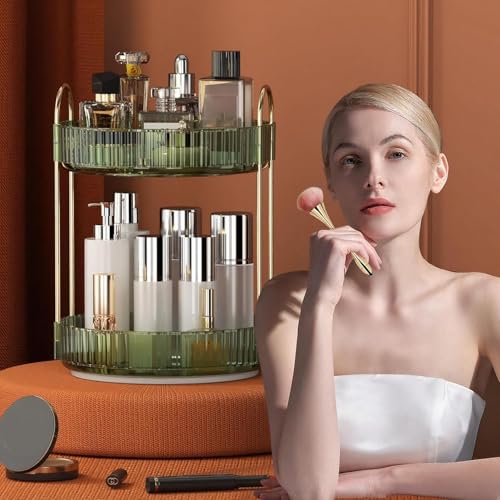 Image of Xmart India 360 Rotating Makeup Organizer - Transparent Cosmetic & Skincare Storage Rack for Dressing Table Lipstick, Perfume, Beauty Accessories & Bathroom Counter Organizer (2 Layer, Green)