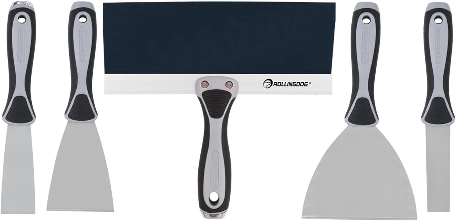 ROLLINGDOG 5PC Putty Knife Set Including 1", 3" Flexible Putty Knife, 1.5" Stiff Chisel Scraper, 5" Joint Knife, 10" Taping Knife,Great Wall Repair Combo For Painting and Putty Jobs