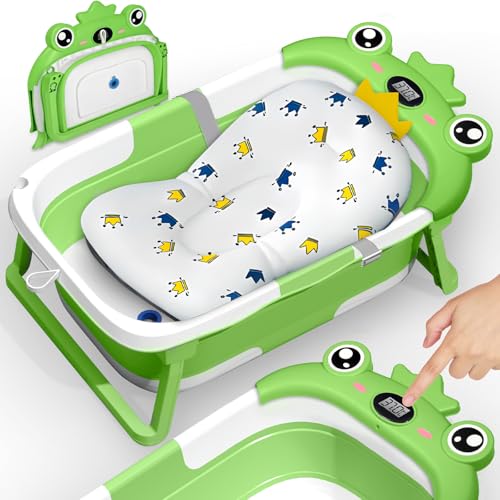 TEBOKHAD Bañera Bebe Con Cojín De Baño Antideslizante, Bañera Plegable Bebé Con Termómetro, Ergonómica, Ahorra Espacio, Portátil, Adecuada Para Recién Nacidos Y Bebés De 0 a 36 Meses (Verde B)