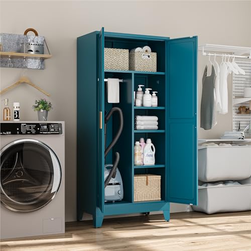 Image of Metal Broom Closet Cabinet, Utility Storage Cabinet with 4 Shelves, Farmhouse Metal Closet with Doors, 71 inch Tall Storage Cabinets with Hanging Rod and Clothing Shelf for Hallway Laundry Mudroom