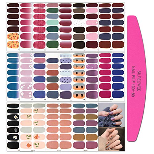 SILPECWEE 20 Sheets Adhesive Nail Strips Solid Color and 1Pc Nail File Full Wraps Nail Polish Stickers Decals Manicure Tips for Women
