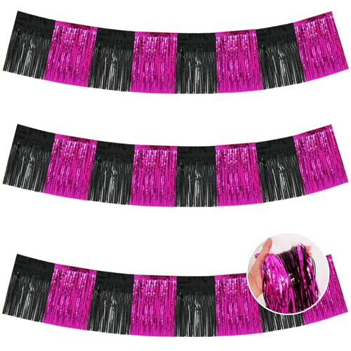 Image of BEISHIDA 3 Packs Metallic Foil Fringe Garland Black Hot Pink Wall Hanging Tinsel Fringe Banners for Car Floats Bridal Shower Wedding Birthday Graduation Holiday Party Decoration(30 Feet)