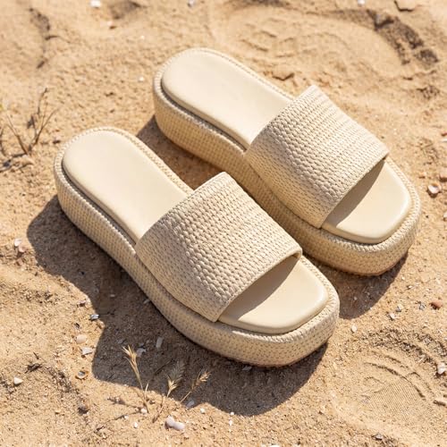 Image of Monrovia Platform Sandals Women Raffia Espadrille Slides, Woven Straw Flatform Beach Sandals Women, Slip On Summer Vacation Shoes, Comfortable Casual Daily Wear