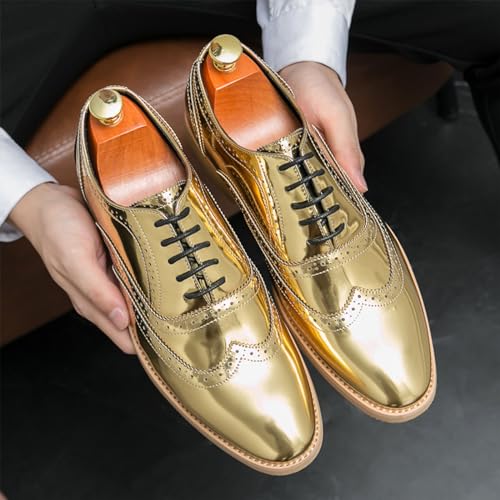 Men's Patent Leather Brogue Low Heel Oxfords Fashion Classic Round-Toe Lace Up Wing Tips Carved Business Dress Derby Shoes Casual Comfortable Formal Work Wedding Shoes4