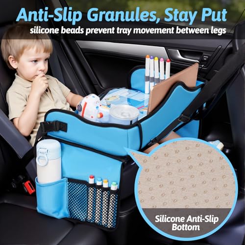 Image of Kids Travel Tray for Car, Boy's Safety Seat Table, Carseat Lap Desk | Weight-Relief Strap, Non-Skid Silicone Base, Waterproof Dining /Craft Mat