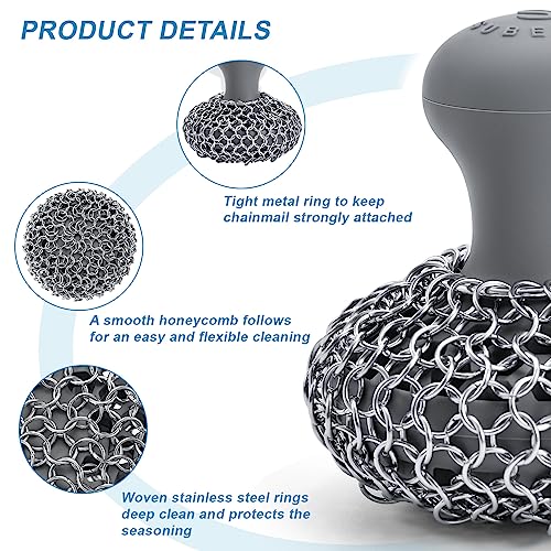 Image of SUBEKYU Cast Iron Scrubber Kit, Stainless Steel Cast Iron Skillet Cleaner, Chainmail Scrubber with Scraper Tool for Cast Iron Pans /Grill Nets /Sinks, Grey, 1 Set