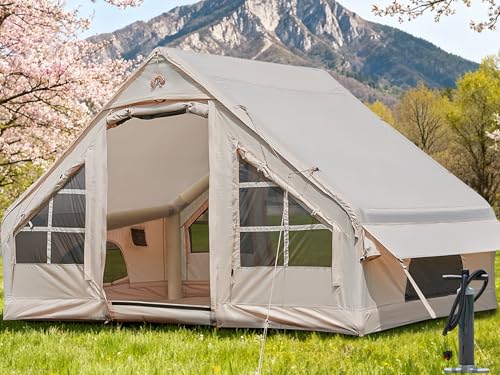 Inflatable Tent with Pump, 4-6 Person Glamping Camping Tents House, Easy Setup Blow Up Family Tents for 4 Seasons Waterproof Inflatable Tent for Camping with Mesh Windows.