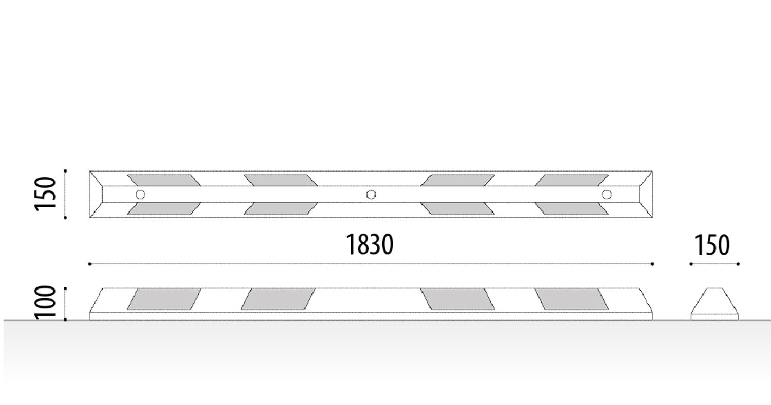 ADO - Tope de rueda para aparcamiento 1800x150x100mm goma pvc negro con bandas amarillas reflectoras, para mayor visibilidad. Topes para delimitar el espacio. Tornillería incluida (Tope + tornillería)