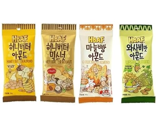 [HBAF]&Tom's 食べ比べ4種セット 各2袋 (ハニーバターアーモンド 35g、ハニーバターミックスナッツ 30g、ワサビ味アーモンド 35g、ガーリックパンアーモンド 30g) 合計:8袋