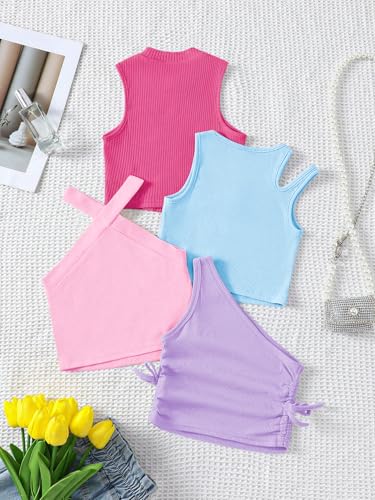 Image of OYOANGLE Toddler Girl's 4 Pack Ribbed Knit Crop Tank Tops Set One Shoulder Summer Camisole