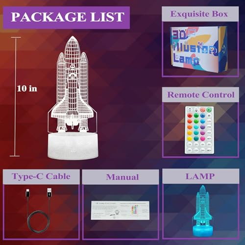 Image of Space Shuttle Night Light, Space Shuttle Gifts, Rocket 3D Illusion Lamp with 16 Colors Changing, Timer, 4 Flash Modes and Dimmable, Kids Boys Girls Room Decoration, Holiday Xmas Spaceship Gifts