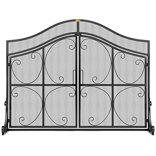 VIVOHOME 43.3 x 34 Inch Wrought Iron Fireplace Screen with Doors Metal Decorative Mesh Fire Spark Large Flat Guard Gate Cover Fireplace Barrier Panels Black
