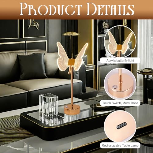 Brovokin HDD001 Led Butterfly Table Lamps,Cute Beside Lamps Nightstand Lamp,Cordless Table Lamp thumb #3