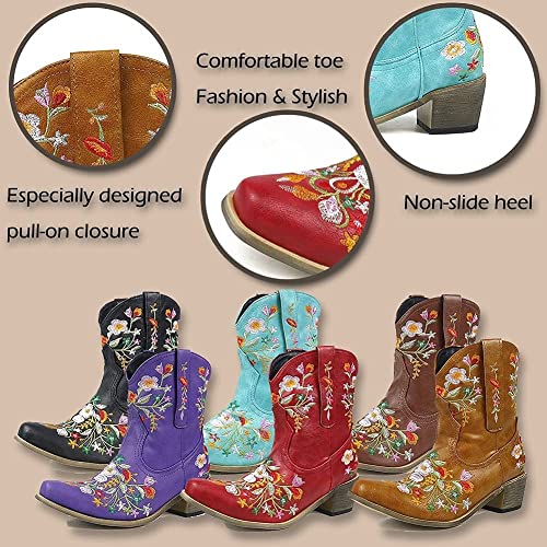 Vimisaoi Women's Western Cowgirl Cowboy Boots Comfortable Pointed Toe Pull On Chunky Mid Heel Embroidered Ankle Boots #TOP5