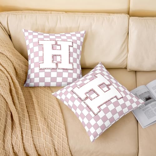 Image of Erosebridal Pink Initial H Throw Pillow Covers 24x24 Set of 2 Kawaii Plaid Checkered Pillow Covers Cute Personalized Monogram Cushion Cover Fashion Grids Gingham Pillow Cases for Couch Sofa