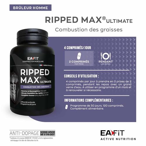EAFIT - Ripped Max Ultimate - Burn activ, Bruleur de Graisses puissant sport - Formule complete-plante-vitamine-minéraux(zinc, chrome) - Cafeine et vitamine b6 pour l'énergie - 120comprimés – Image 3