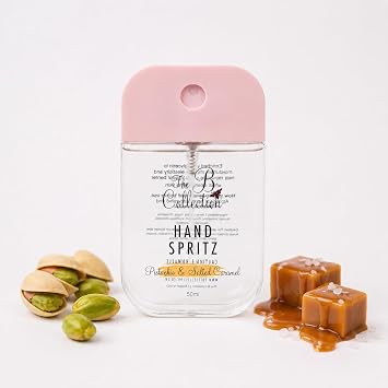 Hand Spritz Sanitiser, Glycerin Formula, Fast Drying, 50ml Cleanses your hands Travel,Hand Sanitiser Mini,Small Hand Sanitiser,Mini Travel Essentials, 6 different scents Pistachio & Salted Caramel