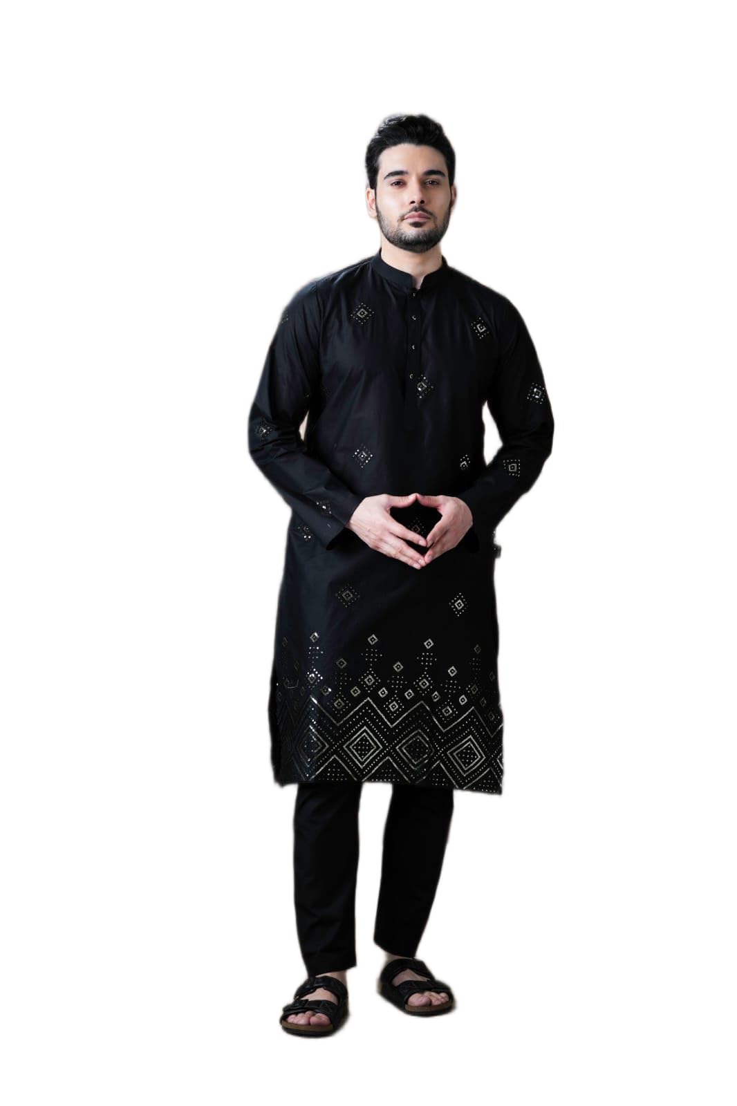 mashroo Men Kurta Pajama Set Black S 100% Cotton Sequence-Line Embroidered for Parties, Weddings and Formal Events-picture-43