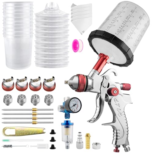 Image of HVLP Spray Gun Kits, 1.4 /1.7 /2.0 /2.5mm Nozzles with 650ml Mixing Cup & 10x Disposable Cups, Air Regulator, Paint Gun Automotive Gravity Feed Kit Cars Paint Gun, Furniture, Fence, DIY (Red)