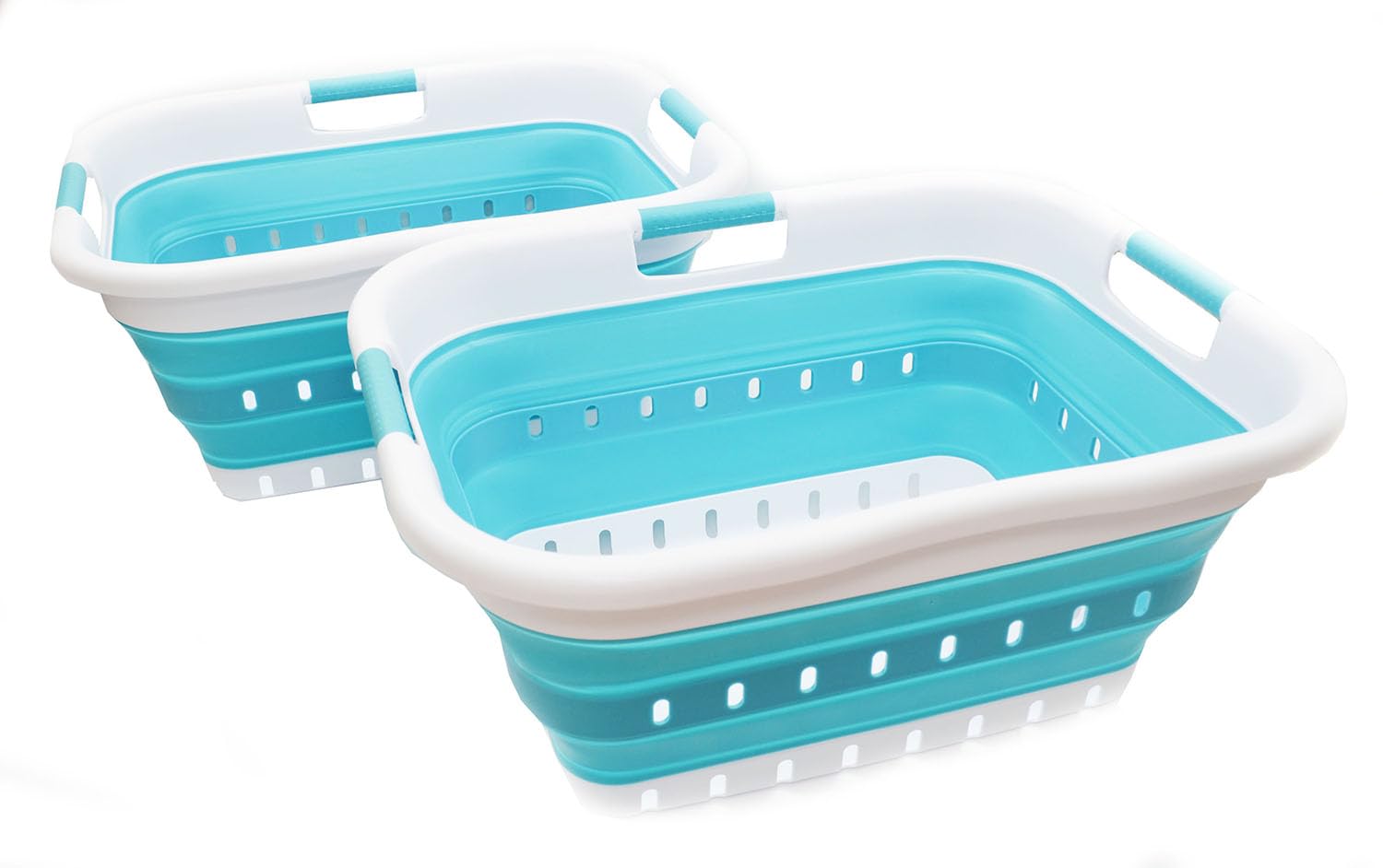 Sammart White/Bright Blue (Set Of 2) 41L Collapsible 3 Handled Plastic Laundry Basket - Foldable Laundry Hamper/Storage Container/Organizer - Pop Up Saving Hamper/Basket ()