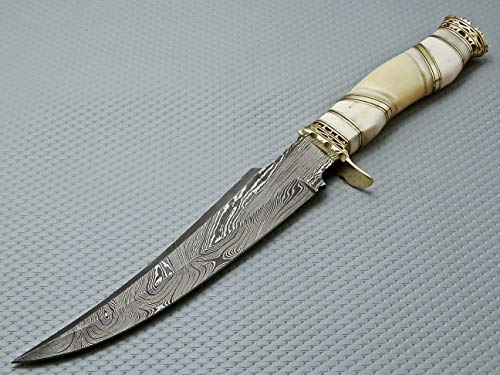 Skokie Knives Custom Hand Made Damascus Steel Hunting Fixed Blade Knife Handle Camel Bone