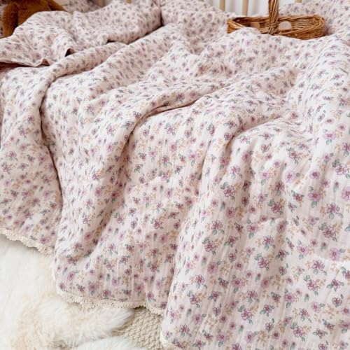 Image of BuLuTu Purple Floral Print Toddler Blanket Quilted 100% Cotton Muslin Lightweight Kids Comforter Soft Bed Blankets for Girls Toddler Crib Quilt, All Seasons Blankets, 47x59 Inches