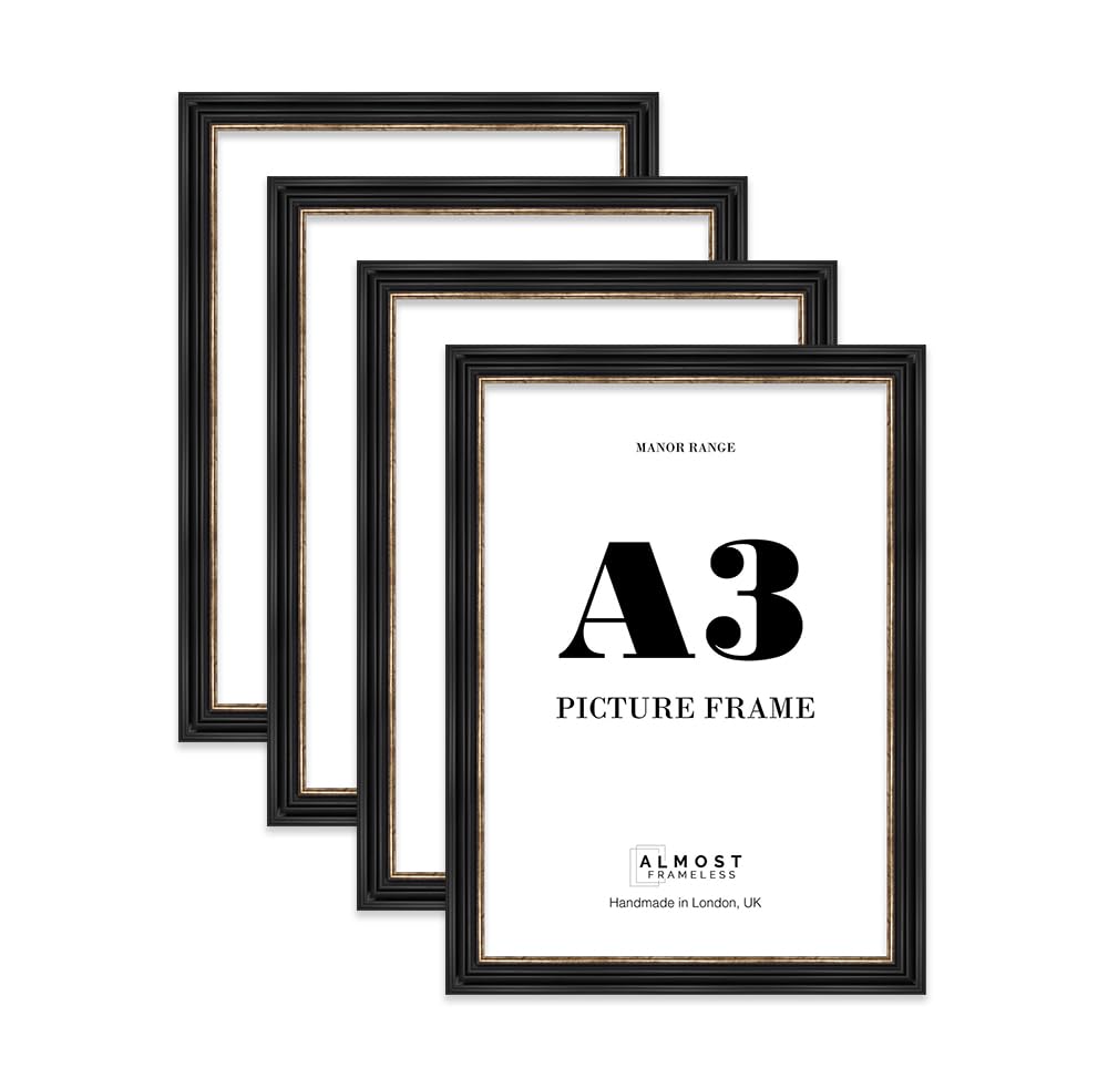A3 Picture Frame, Display A3 Pictures (29.7 x 41.9cm) - Black & Gold Classic 42mm Edge Photo Display - 4 Pack — image 1