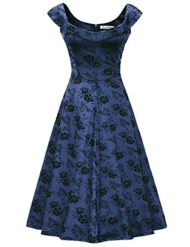 MUXXN Women's 1950s Scoop Neck Off Shoulder Cocktail Dress(M,Blue)