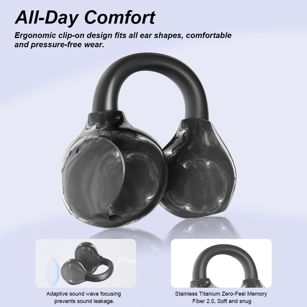 Cuffie a Clip Open-Ear Bluetooth Wireless, Bluetooth 6.0, Auricolari Sport con Clip Aperta, 60h Autonomia, Ricarica Rapida USB-C, Leggeri e Comodi da Indossare, Sport, Ufficio & Fitness, Nero - 4