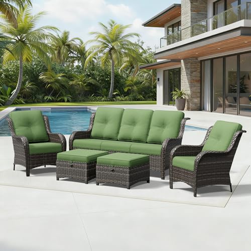 Image of Joyside 5 Piece Wicker Patio Furniture Set, Rattan Patio Chairs with High Back, Deep Seating, Wide Armrest, Thickened Cushions, Outdoor Furniture for Deck, Porch Use