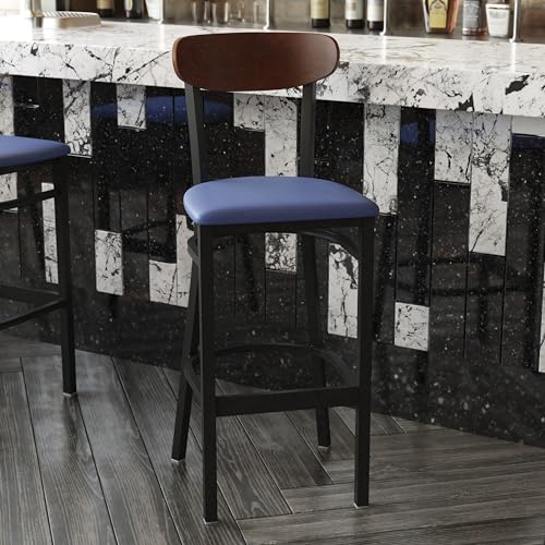 Image of Flash Furniture Wright Commercial Barstool - Walnut Finish Wood Boomerang Back - Blue Vinyl Seat - 500 LB. Capacity Black Steel Frame - Integrated Footrest