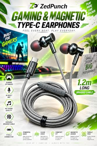 Image of Type C Wired in-Ear Earphones with Mic | 10mm Dynamic Driver | 3 Button Control | Magnetic Gaming Earbuds | HD Calling & Voice Assistant | Metal Build | Compatible with Android USB C Devices