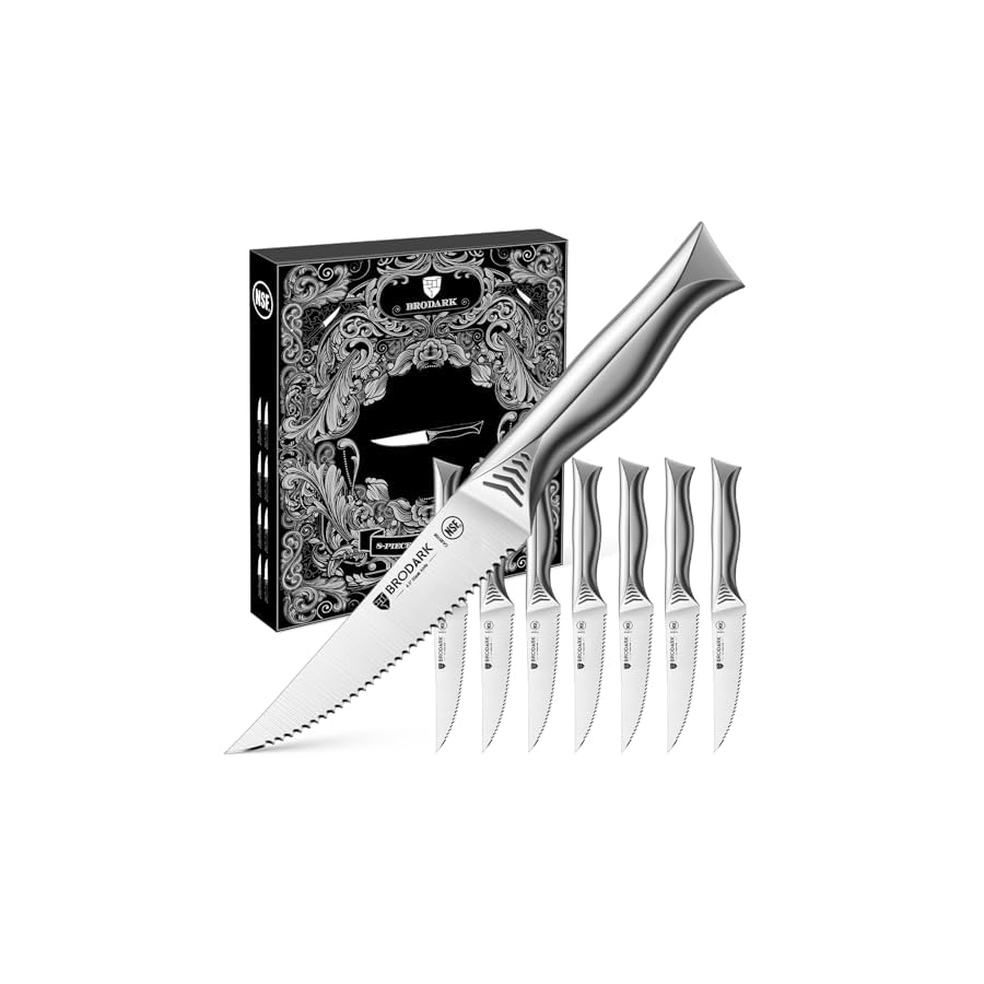 BRODARK Steak Knives Set of 8, 4.5 Inch Serrated Steak Knives, High Carbon Stainless Steel Kitchen Steak Knife Set, Never Need Sharpening, NSF Certified, Shark Series