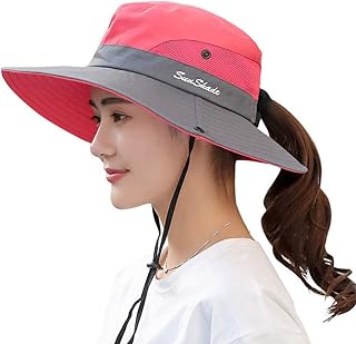 Women's Ponytail Sun Hat UV Protection Wide Brim Foldable Cooling Mesh Beach Fishing Hat Cap