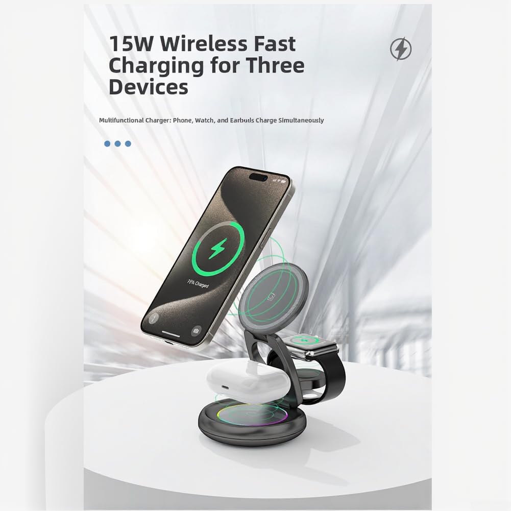 Caricatore wireless pieghevole 3 in 1 da 15 W, design dinamico regolabile per ricarica auricolari iPhone Watch (grigio)