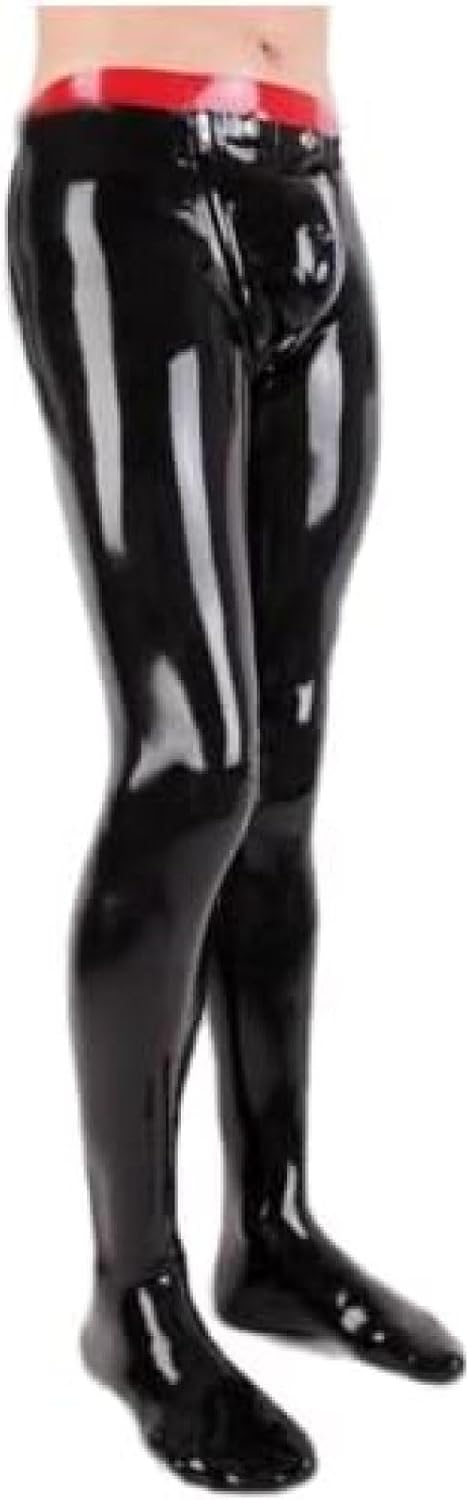 Sexy Latex Man Pants Handmade Men Trousers with Socks with Front Flat Codpiece Gay Fetish,Black-red,XL