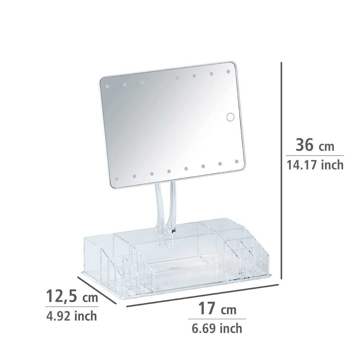 WENKO Trenno lustro stojące z organizerem LED, lusterko kosmetyczne z oświetleniem LED, obrotowe, funkcja dotykowa, funkcja ściemniania jasności, zasilanie bateryjne, 17 x 36 x 12,5 cm