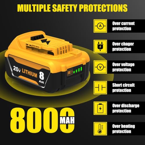 Image of 6 Packs 8000mAh DCB206 Replacement for Dewalt 20V Max Battery | Compatible with Dewalt 20V Battery DCB203 DCB207 DCB200 DCD DCF DCG Series Cordless Power Tools