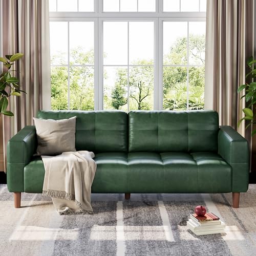 Image of GarveeHome 3-Seater Sofa Couch, 83 in Wide Faux Leather Sofa Couch with Spring Cushion, Modern Sofa with Deep Seats and 2 Removable Back Cushions, for Living Room, Bedroom, Apartment, Office, Green