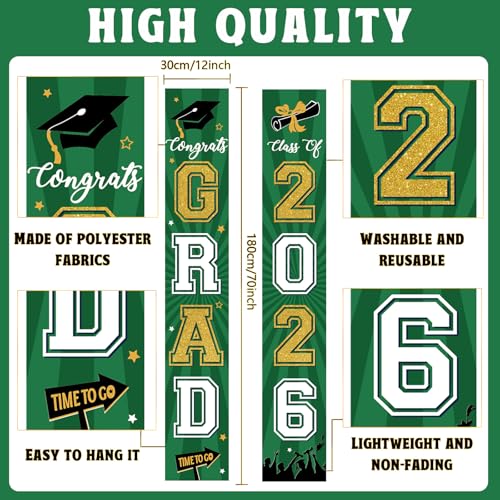 Image of Graduation Banner 2026 Graduation Decorations Green and Gold Grad Banner Porch Sign Class of 2026 Door Decor Congrats Hanging Backdrop Green Gold Grad Party Decor for School Congratulations Supplies