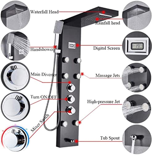 Sistema de Ducha Negro Panel de Ducha Mezclador Termostático Columna de Ducha con Jets de Masaje, Cascada y Lluvia miniatura 3