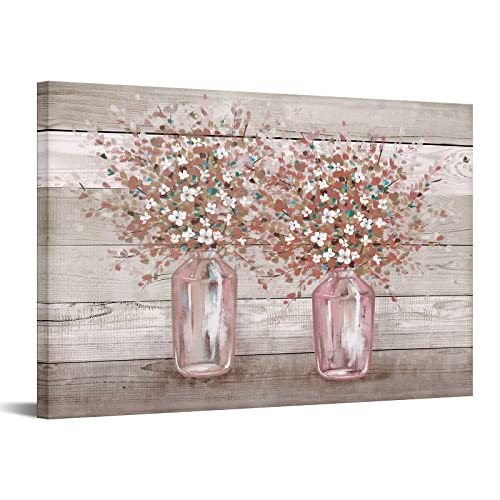 RyounoArt Pink Floral Pictures Wall Decor Pink and Grey Flowers