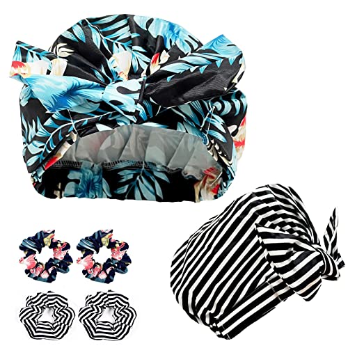 6PCS Large Shower Caps for Women Reusable Waterproof, Fashion Bowknot with Soft Elastic Easy to Wear Suitable for Long Short Hair (2PCS Bath Caps+4pcs Scrunchies)