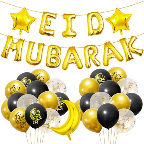 Eid Decorations for Home - 40Pcs Ramadan Decorations include Gold Star Moon Balloons and Eid Mubarak Banner Foil Balloon for Ramadan Party Supplies