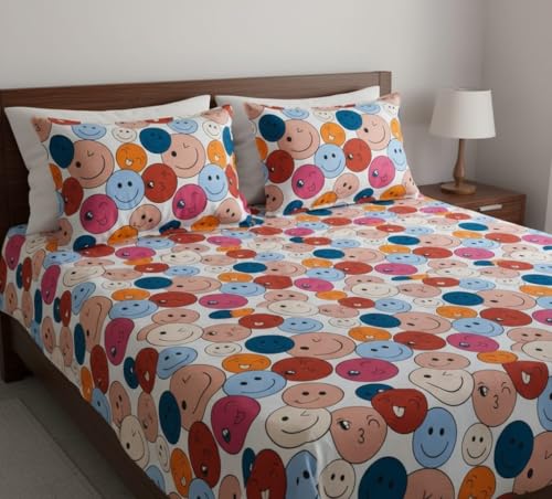 Image of Premium Glace Cotton Flat Double Bedsheets, 90 x 100 Inches with 2 King Size Pillow Cover 17 x 27 Inches, Floral (Smily)